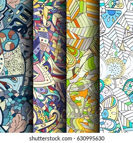 Set of tracery colorful seamless patterns. Curved doodling backgrounds for textile or printing with mehndi and ethnic motives. Vector