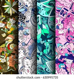 Set of tracery colorful seamless patterns. Curved doodling backgrounds for textile or printing with mehndi and ethnic motives. Vector