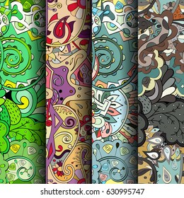 Set of tracery colorful seamless patterns. Curved doodling backgrounds for textile or printing with mehndi and ethnic motives. Vector