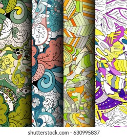 Set of tracery colorful seamless patterns. Curved doodling backgrounds for textile or printing with mehndi and ethnic motives. Vector