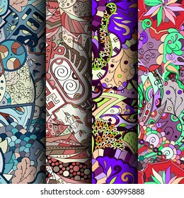 Set of tracery colorful seamless patterns. Curved doodling backgrounds for textile or printing with mehndi and ethnic motives. Vector