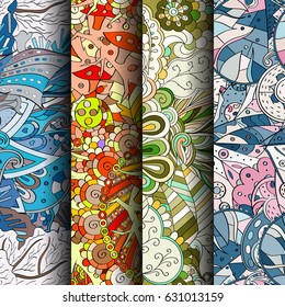 Set of tracery colorful seamless patterns. Curved doodling backgrounds for textile or printing with mehndi and ethnic motives. Vector