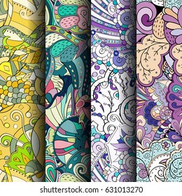 Set of tracery colorful seamless patterns. Curved doodling backgrounds for textile or printing with mehndi and ethnic motives. Vector