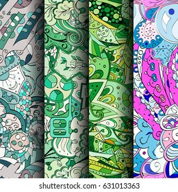 Set of tracery colorful seamless patterns. Curved doodling backgrounds for textile or printing with mehndi and ethnic motives. Vector