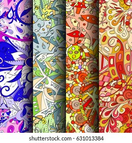 Set of tracery colorful seamless patterns. Curved doodling backgrounds for textile or printing with mehndi and ethnic motives. Vector