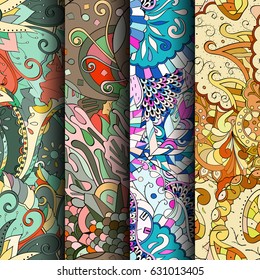 Set of tracery colorful seamless patterns. Curved doodling backgrounds for textile or printing with mehndi and ethnic motives. Vector