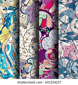 Set of tracery colorful seamless patterns. Curved doodling backgrounds for textile or printing with mehndi and ethnic motives. Vector