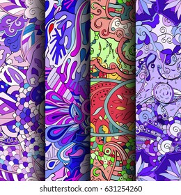 Set of tracery colorful seamless patterns. Curved doodling backgrounds for textile or printing with mehndi and ethnic motives. Vector