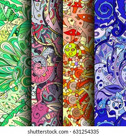 Set of tracery colorful seamless patterns. Curved doodling backgrounds for textile or printing with mehndi and ethnic motives. Vector
