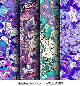 Set of tracery colorful seamless patterns. Curved doodling backgrounds for textile or printing with mehndi and ethnic motives. Vector