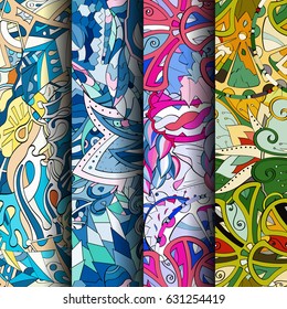 Set of tracery colorful seamless patterns. Curved doodling backgrounds for textile or printing with mehndi and ethnic motives. Vector