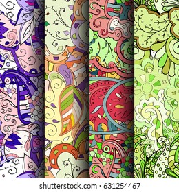 Set of tracery colorful seamless patterns. Curved doodling backgrounds for textile or printing with mehndi and ethnic motives. Vector