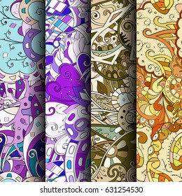 Set of tracery colorful seamless patterns. Curved doodling backgrounds for textile or printing with mehndi and ethnic motives. Vector
