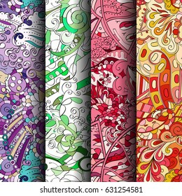 Set of tracery colorful seamless patterns. Curved doodling backgrounds for textile or printing with mehndi and ethnic motives. Vector