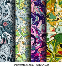 Set of tracery colorful seamless patterns. Curved doodling backgrounds for textile or printing with mehndi and ethnic motives. Vector
