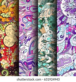 Set of tracery colorful seamless patterns. Curved doodling backgrounds for textile or printing with mehndi and ethnic motives. Vector