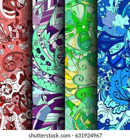 Set of tracery colorful seamless patterns. Curved doodling backgrounds for textile or printing with mehndi and ethnic motives. Vector