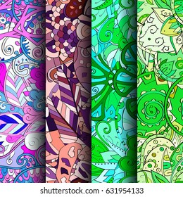 Set of tracery colorful seamless patterns. Curved doodling backgrounds for textile or printing with mehndi and ethnic motives. Vector