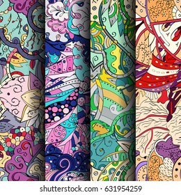 Set of tracery colorful seamless patterns. Curved doodling backgrounds for textile or printing with mehndi and ethnic motives. Vector