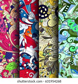 Set of tracery colorful seamless patterns. Curved doodling backgrounds for textile or printing with mehndi and ethnic motives. Vector