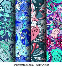 Set of tracery colorful seamless patterns. Curved doodling backgrounds for textile or printing with mehndi and ethnic motives. Vector