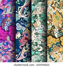 Set of tracery colorful seamless patterns. Curved doodling backgrounds for textile or printing with mehndi and ethnic motives. Vector
