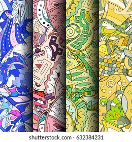 Set of tracery colorful seamless patterns. Curved doodling backgrounds for textile or printing with mehndi and ethnic motives. Vector