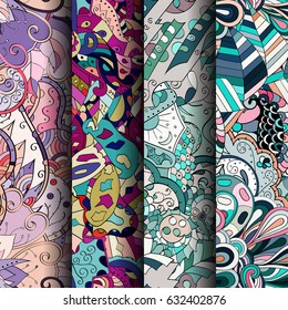 Set of tracery colorful seamless patterns. Curved doodling backgrounds for textile or printing with mehndi and ethnic motives. Vector