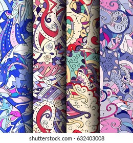 Set of tracery colorful seamless patterns. Curved doodling backgrounds for textile or printing with mehndi and ethnic motives. Vector