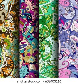 Set of tracery colorful seamless patterns. Curved doodling backgrounds for textile or printing with mehndi and ethnic motives. Vector