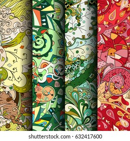 Set of tracery colorful seamless patterns. Curved doodling backgrounds for textile or printing with mehndi and ethnic motives. Vector