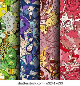 Set of tracery colorful seamless patterns. Curved doodling backgrounds for textile or printing with mehndi and ethnic motives. Vector