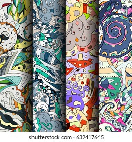 Set of tracery colorful seamless patterns. Curved doodling backgrounds for textile or printing with mehndi and ethnic motives. Vector