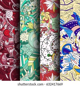 Set of tracery colorful seamless patterns. Curved doodling backgrounds for textile or printing with mehndi and ethnic motives. Vector