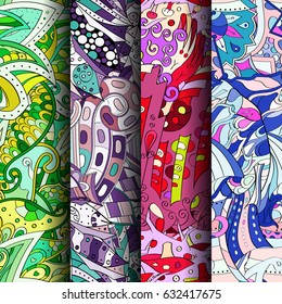 Set of tracery colorful seamless patterns. Curved doodling backgrounds for textile or printing with mehndi and ethnic motives. Vector