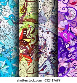 Set of tracery colorful seamless patterns. Curved doodling backgrounds for textile or printing with mehndi and ethnic motives. Vector