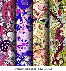 Set of tracery colorful seamless patterns. Curved doodling backgrounds for textile or printing with mehndi and ethnic motives. Vector
