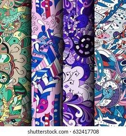 Set of tracery colorful seamless patterns. Curved doodling backgrounds for textile or printing with mehndi and ethnic motives. Vector