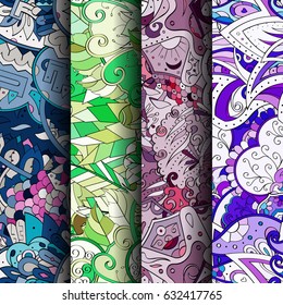 Set of tracery colorful seamless patterns. Curved doodling backgrounds for textile or printing with mehndi and ethnic motives. Vector