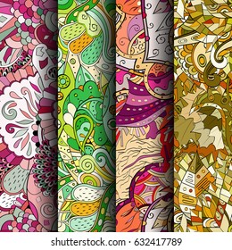 Set of tracery colorful seamless patterns. Curved doodling backgrounds for textile or printing with mehndi and ethnic motives. Vector