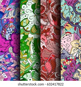 Set of tracery colorful seamless patterns. Curved doodling backgrounds for textile or printing with mehndi and ethnic motives. Vector