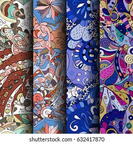 Set of tracery colorful seamless patterns. Curved doodling backgrounds for textile or printing with mehndi and ethnic motives. Vector
