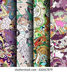 Set of tracery colorful seamless patterns. Curved doodling backgrounds for textile or printing with mehndi and ethnic motives. Vector