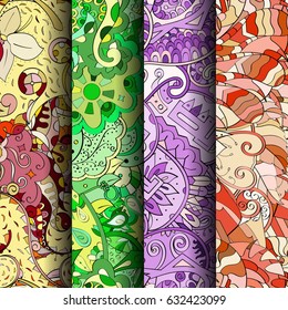 Set of tracery colorful seamless patterns. Curved doodling backgrounds for textile or printing with mehndi and ethnic motives. Vector