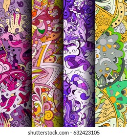 Set of tracery colorful seamless patterns. Curved doodling backgrounds for textile or printing with mehndi and ethnic motives. Vector