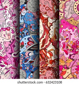 Set of tracery colorful seamless patterns. Curved doodling backgrounds for textile or printing with mehndi and ethnic motives. Vector