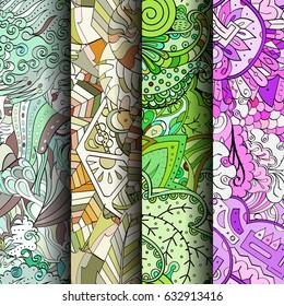 Set of tracery colorful seamless patterns. Curved doodling backgrounds for textile or printing with mehndi and ethnic motives. Vector