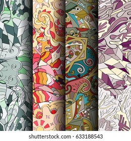 Set of tracery colorful seamless patterns. Curved doodling backgrounds for textile or printing with mehndi and ethnic motives. Vector