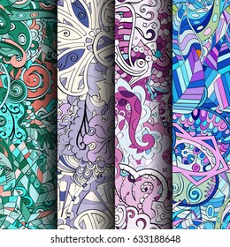Set of tracery colorful seamless patterns. Curved doodling backgrounds for textile or printing with mehndi and ethnic motives. Vector