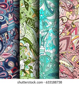 Set of tracery colorful seamless patterns. Curved doodling backgrounds for textile or printing with mehndi and ethnic motives. Vector